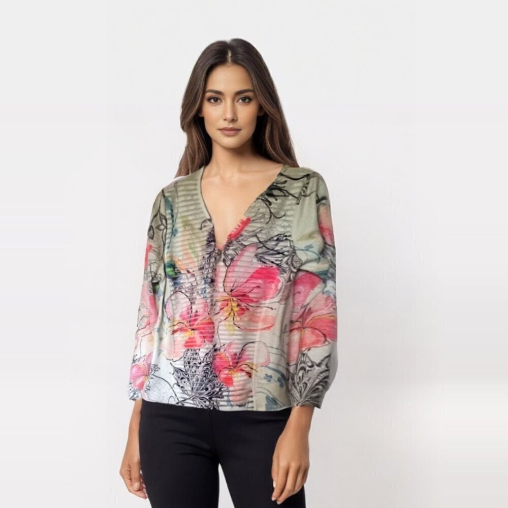 Fresh FX Floral V-Neck Blouse – Sheer Boho Pullover, Size M